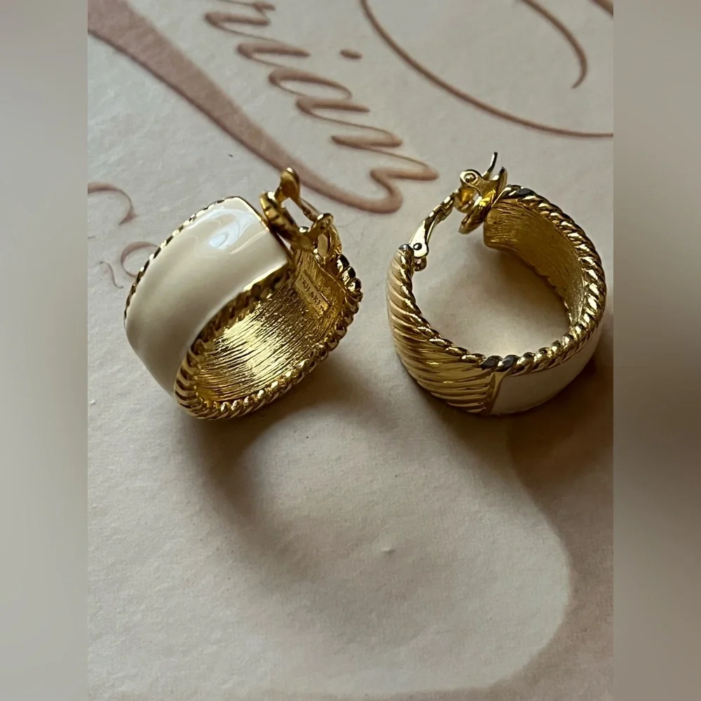 Trifari Gold and Cream Hoop Earrings - Picture 5 of 6